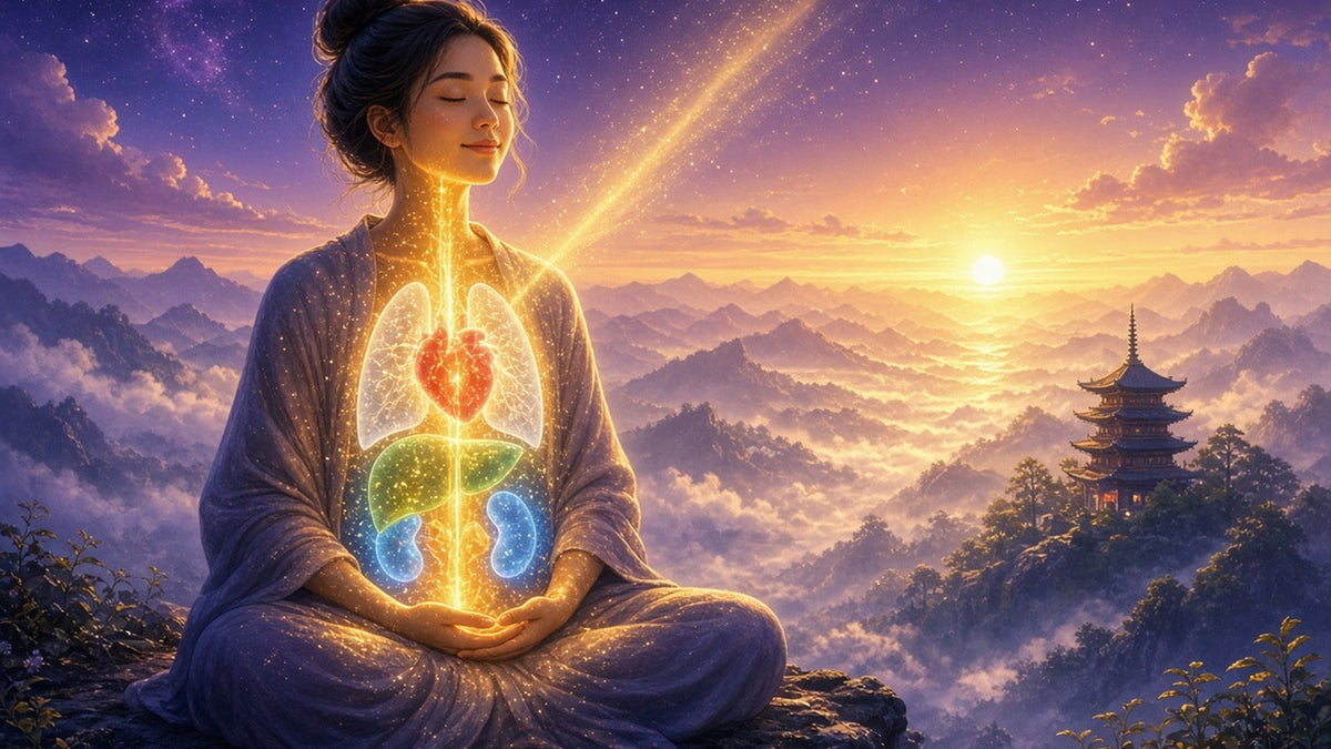 A peaceful person meditating at sunrise with eyes closed and a gentle smile
