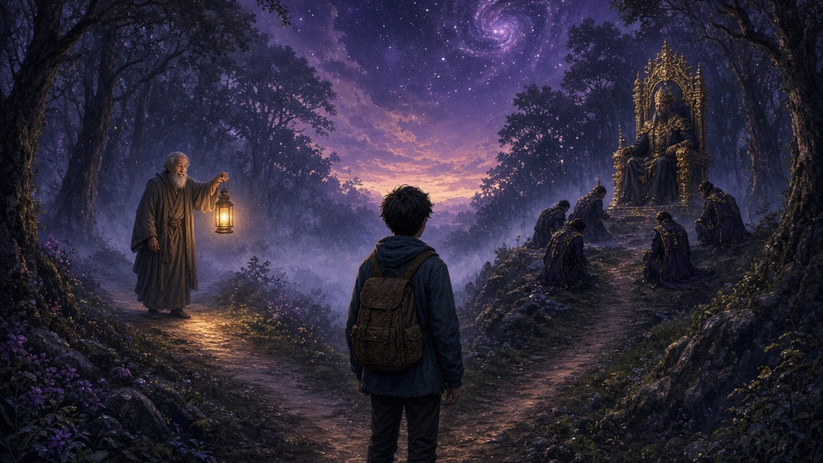 A seeker with a small backpack standing at a fork in a misty forest path at dusk