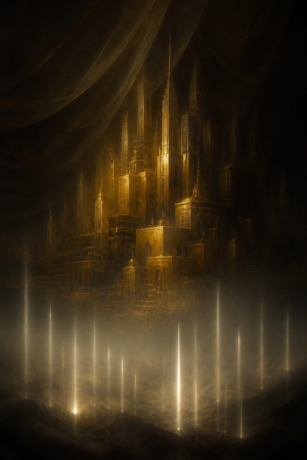 Gold wrapping darkness, a gilded ordered skyline built on illusion dimmed beneath a veil of shadow, with points of white light rising together from below