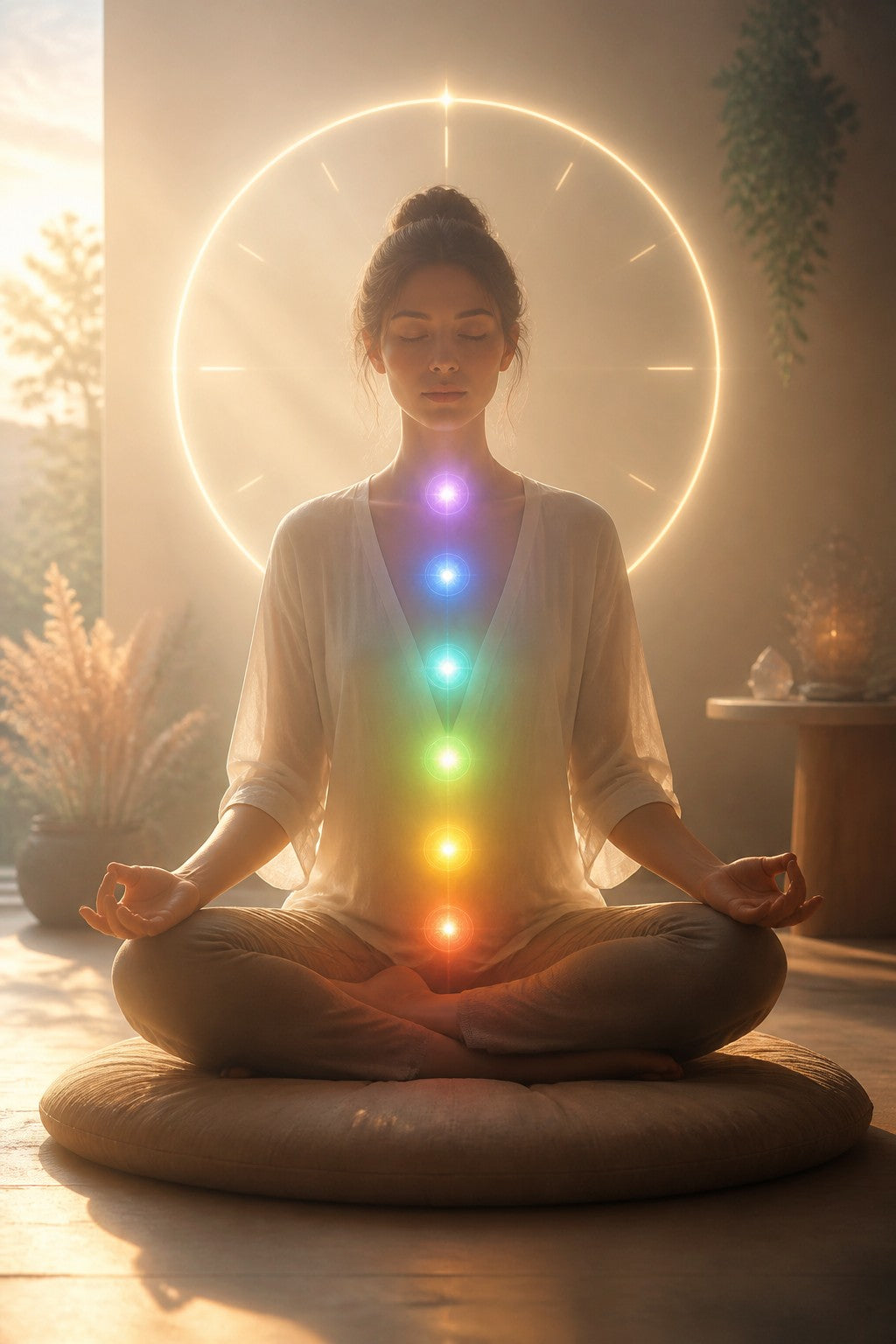 A person sitting cross legged on a cushion, seven small orbs of rainbow light rising along the spine, a simple clock of light behind them, serene Sunday morning