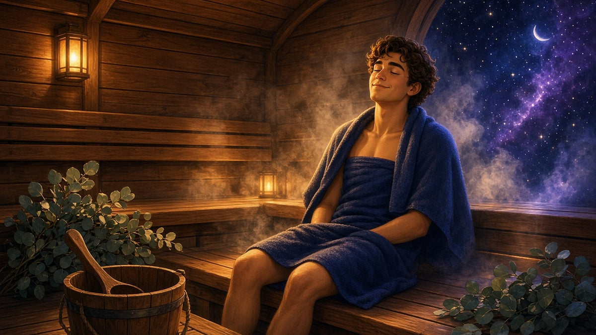 A peaceful cedar-wood sauna filled with soft amber light and drifting steam
