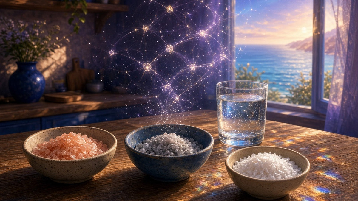 A sunlit kitchen table with bowls of pink Himalayan salt, grey Celtic sea salt and white flake salt