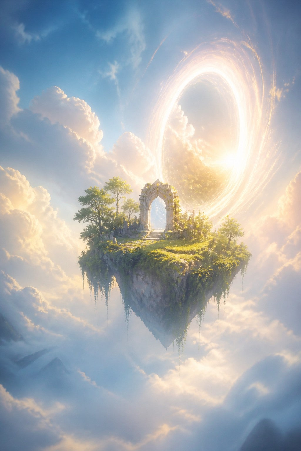 A small hidden floating island in a bright sky with a glowing portal of light, the Nexus of Realms, opening beside it