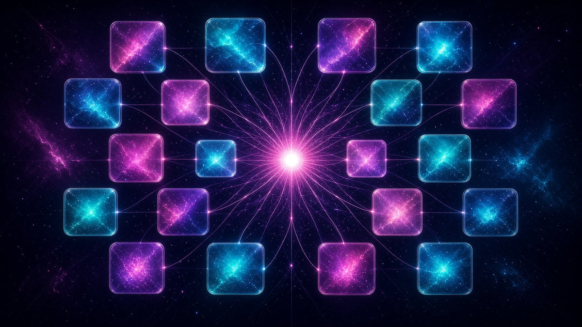 A floating grid of glowing glass panels in magenta and cyan cosmic gradients, each linked by fine threads of light to a radiant central star of creative energy