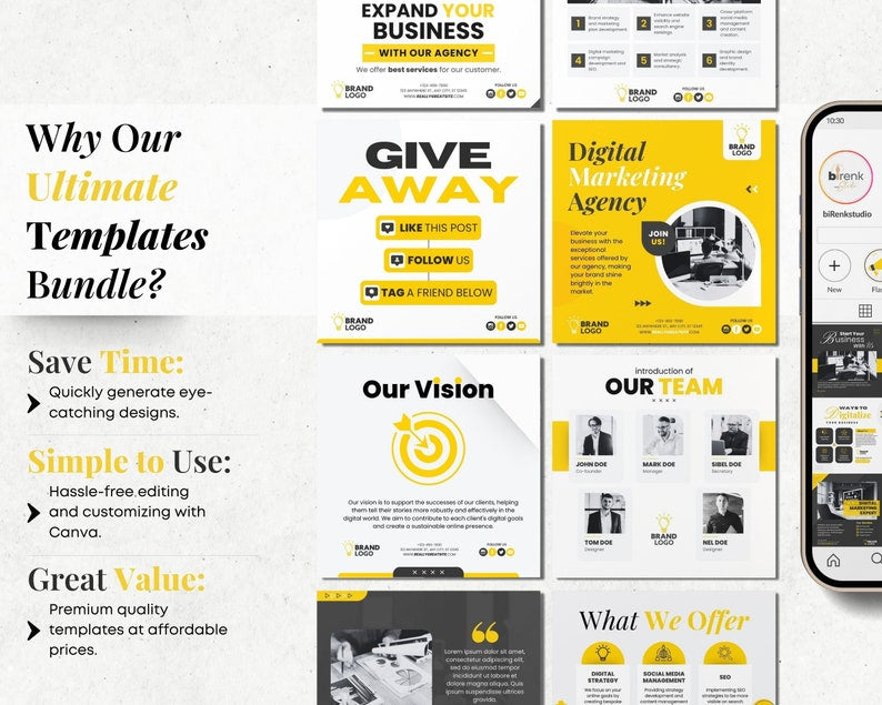 225 Digital marketing templates 50 post, 50 stories, 125 highlights